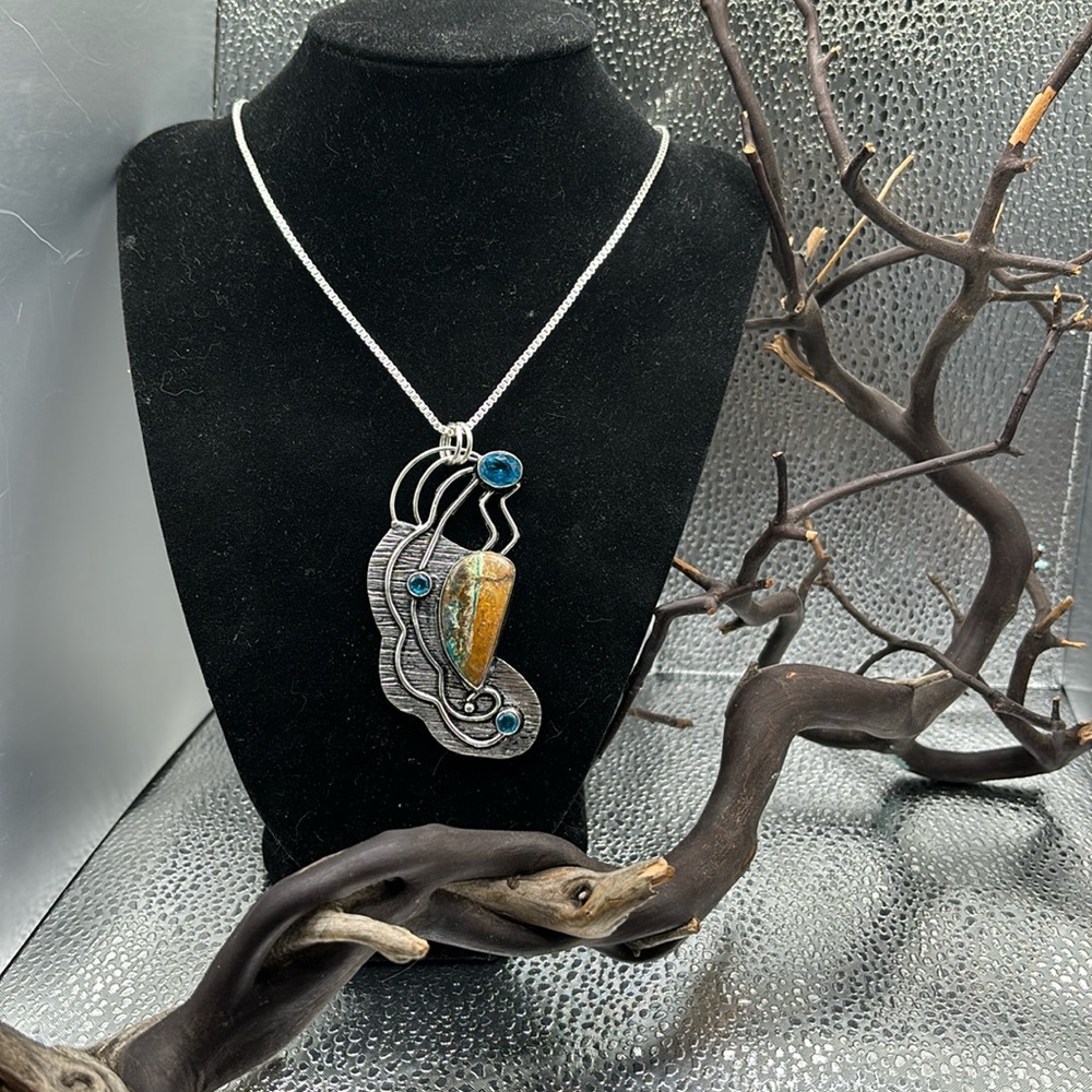 Exciting large Azurite and blue topaz pendant Sterling silver chain